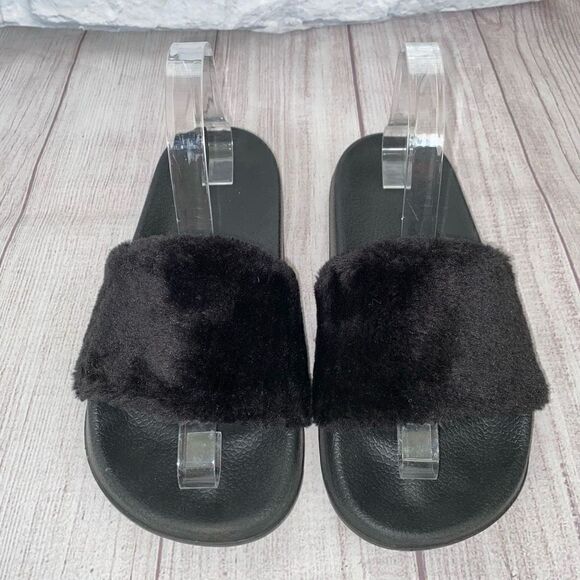 Women’s slip on comfort slides w/faux fur top black sz 8 - Picture 1 of 8